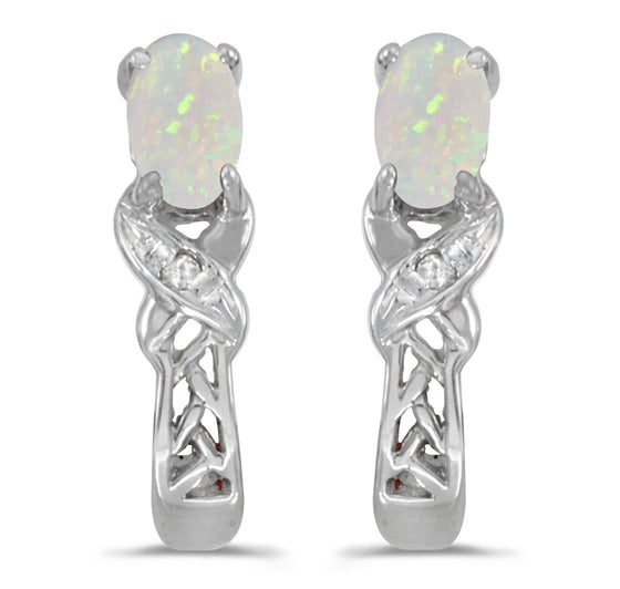 14k White Gold Oval Opal And Diamond Earrings