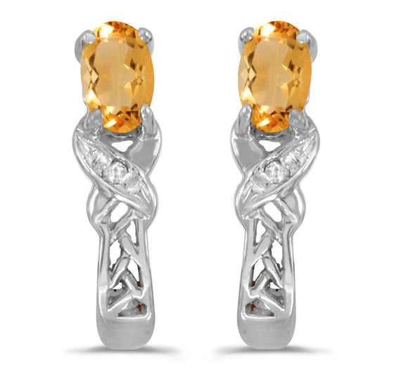 14k White Gold Oval Citrine And Diamond Earrings