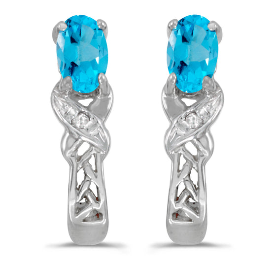 14k White Gold Oval Blue Topaz And Diamond Earrings