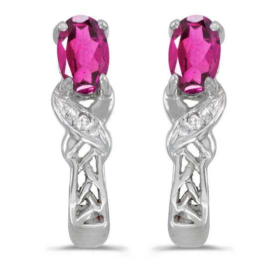 14k White Gold Oval Pink Topaz And Diamond Earrings