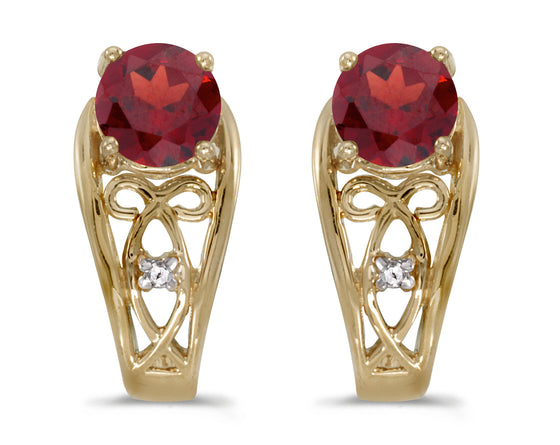 14k Yellow Gold Round Garnet And Diamond Earrings