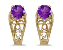  14k Yellow Gold Round Amethyst And Diamond Earrings