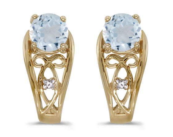 14k Yellow Gold Round Aquamarine And Diamond Earrings