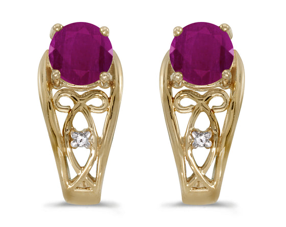 14k Yellow Gold Round Ruby And Diamond Earrings