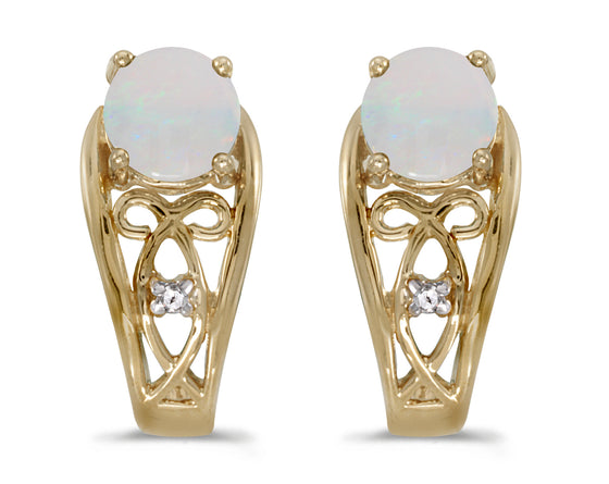 14k Yellow Gold Round Opal And Diamond Earrings