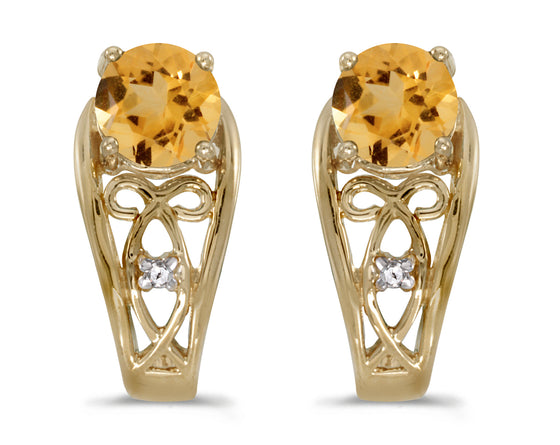 14k Yellow Gold Round Citrine And Diamond Earrings