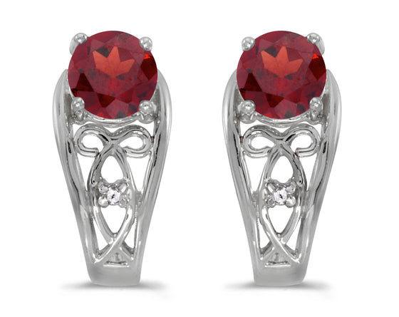 14k White Gold Round Garnet And Diamond Earrings