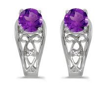  14k White Gold Round Amethyst And Diamond Earrings