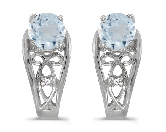 14k White Gold Round Aquamarine And Diamond Earrings