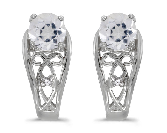 14k White Gold Round White Topaz And Diamond Earrings