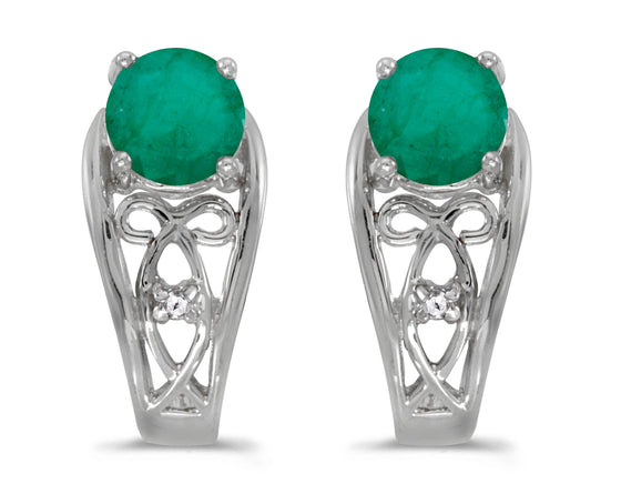 14k White Gold Round Emerald And Diamond Earrings