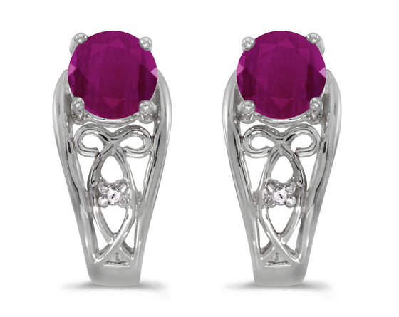 14k White Gold Round Ruby And Diamond Earrings