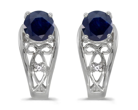 14k White Gold Round Sapphire And Diamond Earrings