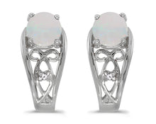  14k White Gold Round Opal And Diamond Earrings