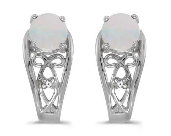 14k White Gold Round Opal And Diamond Earrings