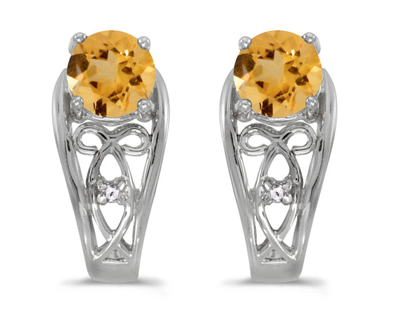 14k White Gold Round Citrine And Diamond Earrings