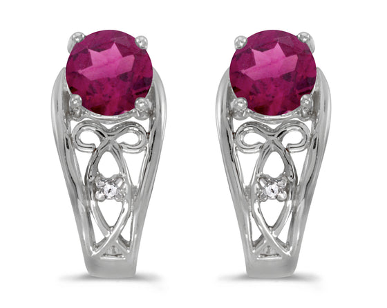 14k White Gold Round Rhodolite Garnet And Diamond Earrings