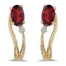  14k Yellow Gold Oval Garnet And Diamond Wave Earrings
