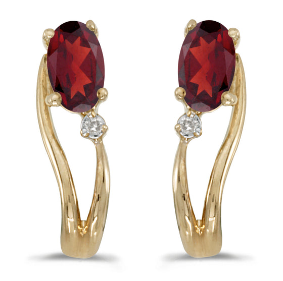 14k Yellow Gold Oval Garnet And Diamond Wave Earrings