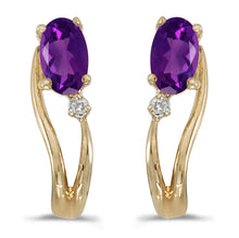  14k Yellow Gold Oval Amethyst And Diamond Wave Earrings