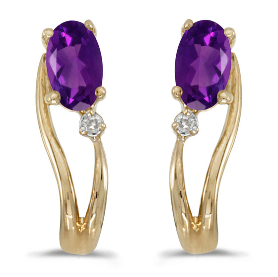 14k Yellow Gold Oval Amethyst And Diamond Wave Earrings