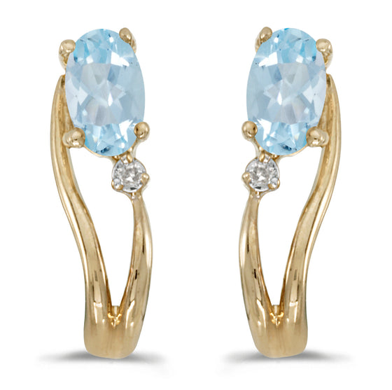14k Yellow Gold Oval Aquamarine And Diamond Wave Earrings