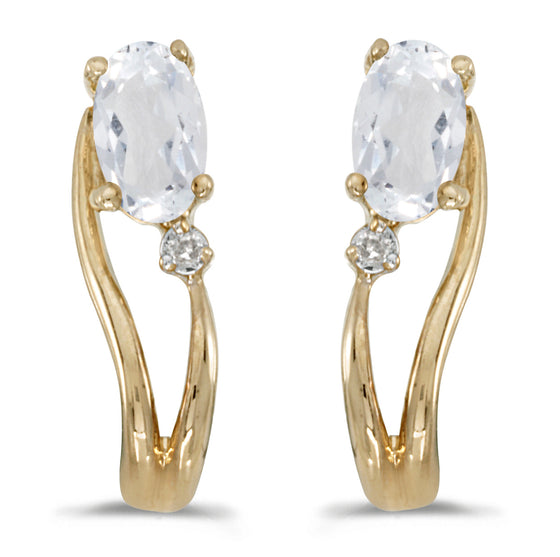 14k Yellow Gold Oval White Topaz And Diamond Wave Earrings