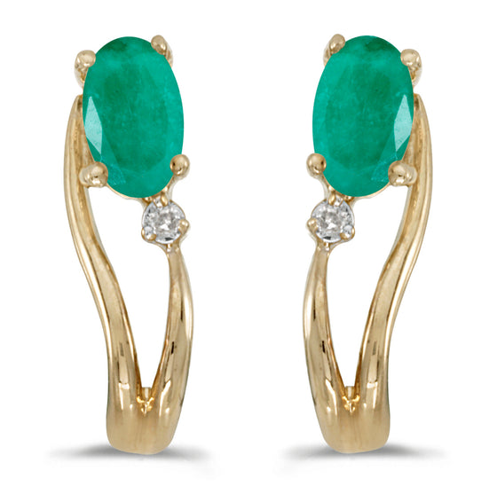 14k Yellow Gold Oval Emerald And Diamond Wave Earrings