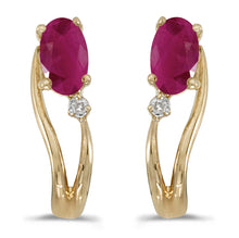  14k Yellow Gold Oval Ruby And Diamond Wave Earrings