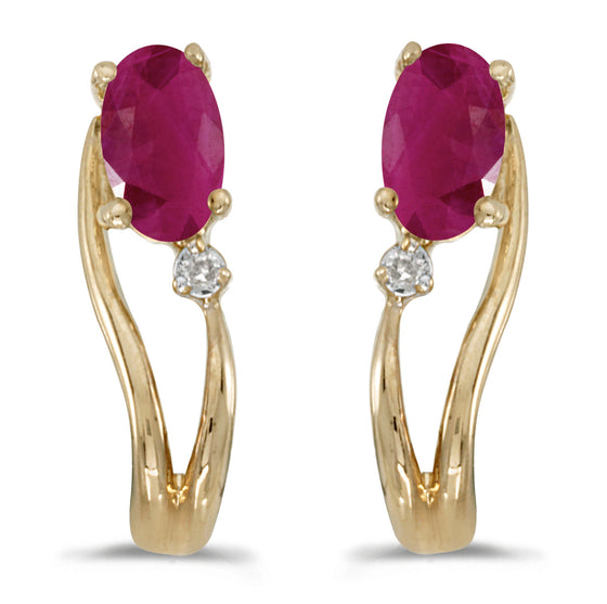 14k Yellow Gold Oval Ruby And Diamond Wave Earrings