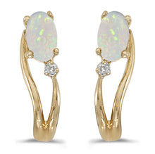  14k Yellow Gold Oval Opal And Diamond Wave Earrings