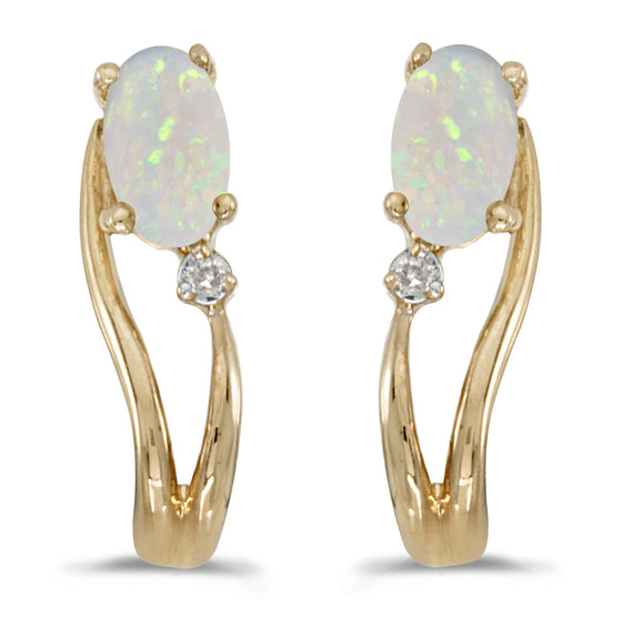 14k Yellow Gold Oval Opal And Diamond Wave Earrings