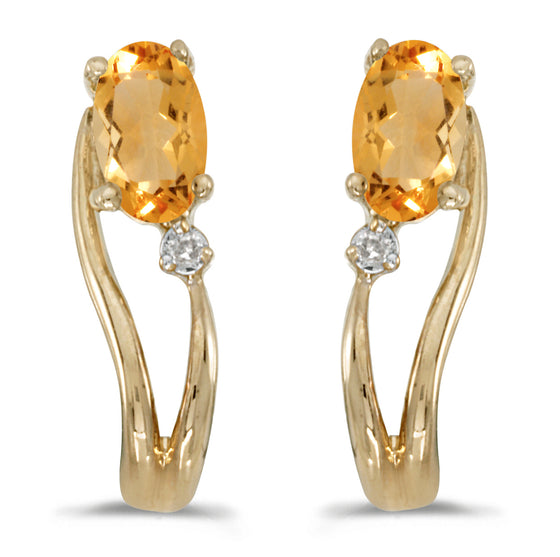 14k Yellow Gold Oval Citrine And Diamond Wave Earrings