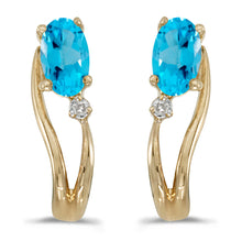  14k Yellow Gold Oval Blue Topaz And Diamond Wave Earrings