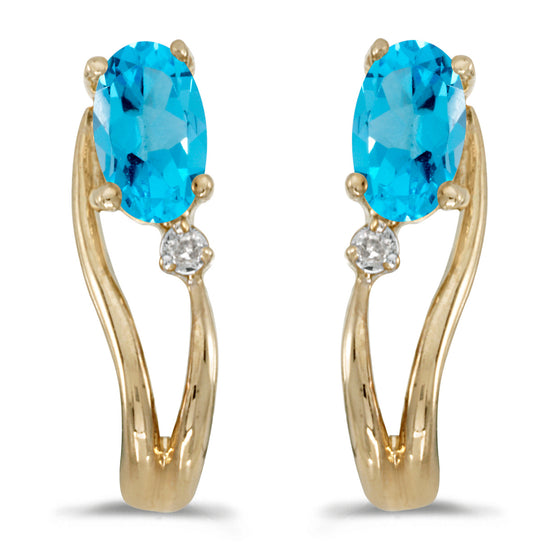 14k Yellow Gold Oval Blue Topaz And Diamond Wave Earrings