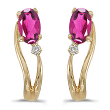  14k Yellow Gold Oval Pink Topaz And Diamond Wave Earrings