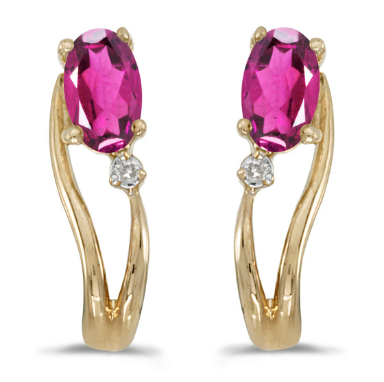 14k Yellow Gold Oval Pink Topaz And Diamond Wave Earrings
