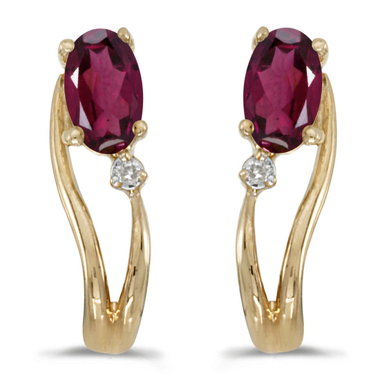 14k Yellow Gold Oval Rhodolite Garnet And Diamond Wave Earrings