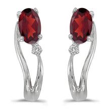  14k White Gold Oval Garnet And Diamond Wave Earrings
