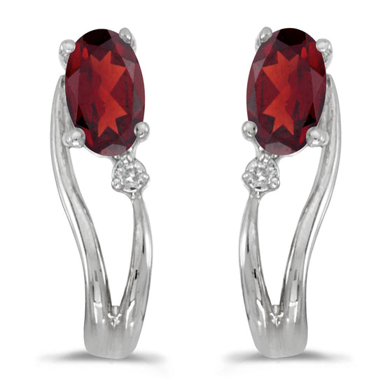 14k White Gold Oval Garnet And Diamond Wave Earrings