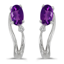  14k White Gold Oval Amethyst And Diamond Wave Earrings