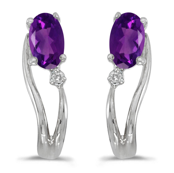 14k White Gold Oval Amethyst And Diamond Wave Earrings