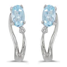  14k White Gold Oval Aquamarine And Diamond Wave Earrings