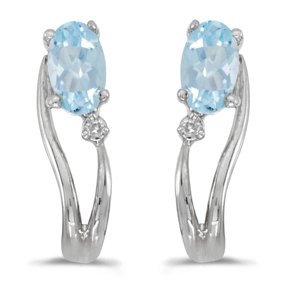 14k White Gold Oval Aquamarine And Diamond Wave Earrings
