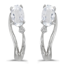  14k White Gold Oval White Topaz And Diamond Wave Earrings
