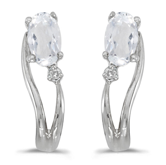 14k White Gold Oval White Topaz And Diamond Wave Earrings