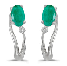  14k White Gold Oval Emerald And Diamond Wave Earrings
