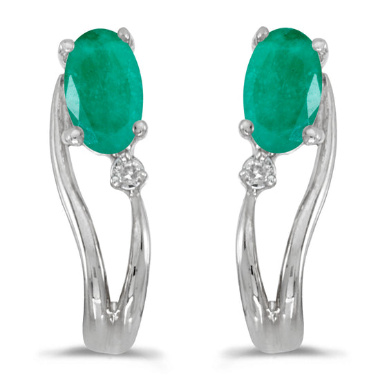 14k White Gold Oval Emerald And Diamond Wave Earrings