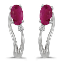  14k White Gold Oval Ruby And Diamond Wave Earrings