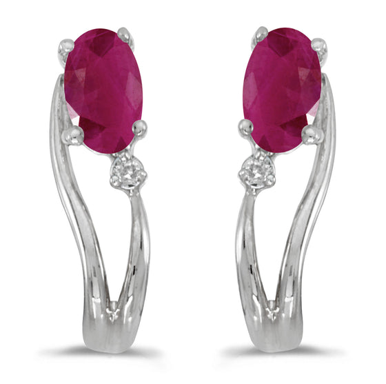14k White Gold Oval Ruby And Diamond Wave Earrings